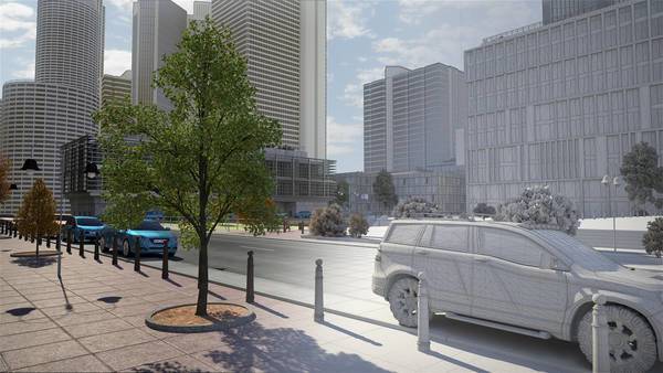 Stadtansicht mit realistischen und ungerenderten Fahrzeugen und Gebäuden.