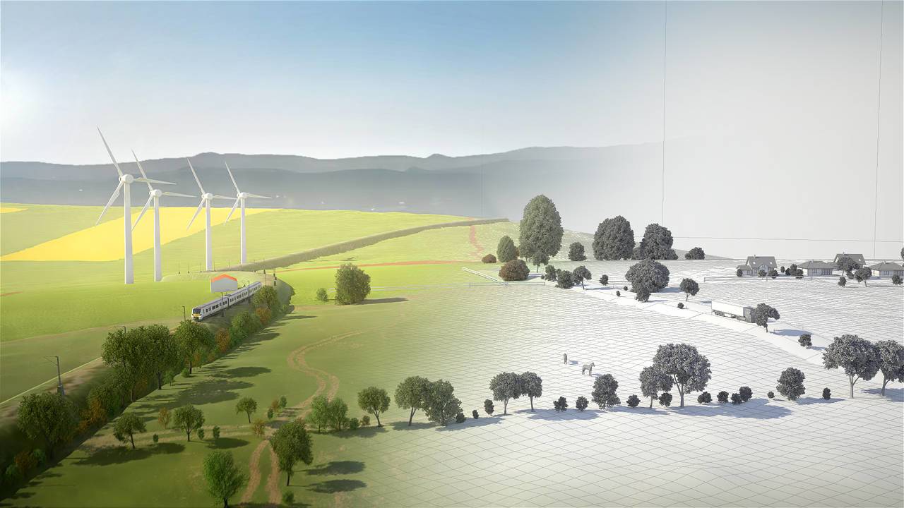Landschaft mit Zug und Windrädern, halb gerendert, halb als 3D-Gittermodell.