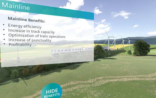 Zug fährt an Windrädern vorbei, eingeblendete Liste mit Vorteilen von Mainline.