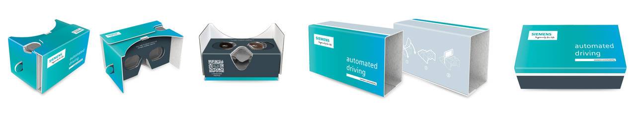 Mehrere Karton-VR-Brillen mit Siemens-Branding in verschiedenen Ansichten.
