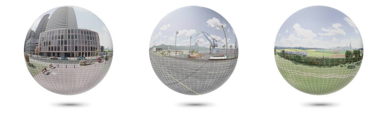 Kugelförmige Ansichten von Stadt, Hafen und Landschaft.