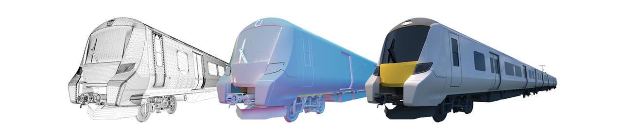 Drei Züge in verschiedenen 3D-Visualisierungsstadien: Drahtmodell, Shader, final gerendert.