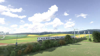 Computeranimierte Aufnahme einer Zugstrecke, auf der gerade ein Zug fährt. Neben der Strecke befinden sich Felder, Büsche und Windräder.