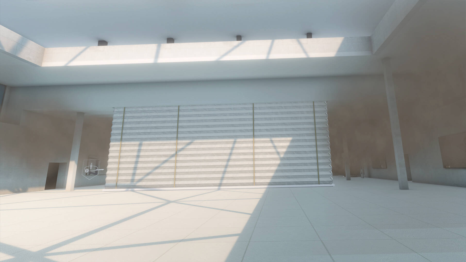 Heller Raum mit herabgelassenem Sichtschutz, diffusem Licht und schattigem Boden.