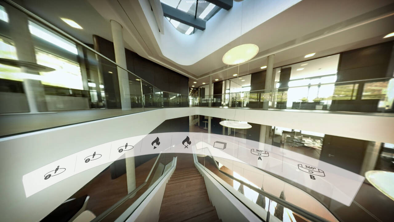 360-Grad-Ansicht einer modernen Bürohalle mit eingeblendeten VR-Menüoptionen.