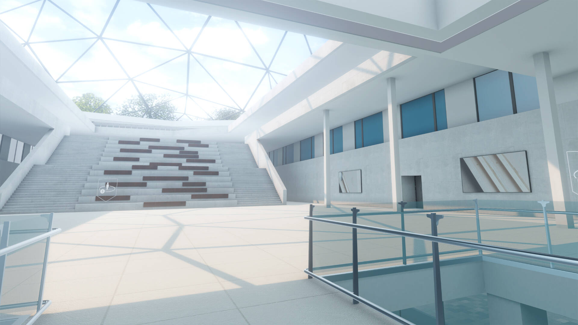 Moderne Halle mit großer Fensterkuppel, weißen Treppen und Holzsitzflächen.