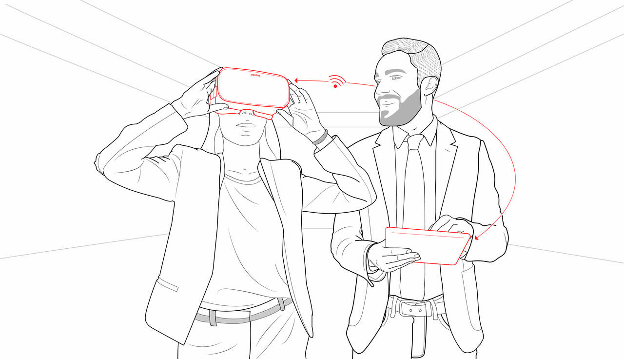 Illustration zweier Personen, eine trägt VR-Brille, die andere steuert per Tablet.