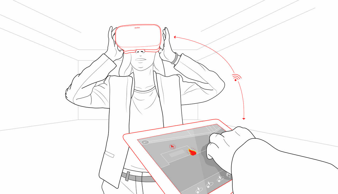 Während eine VR-Nutzerin durch eine Oculus-Brille eine Szene betrachtet, steht im Vordergrund eine Person mit einem Tablet. Über das Tablet kann sie Ereignisse in der Szene auslösen, die durch die Brille zu sehen ist.