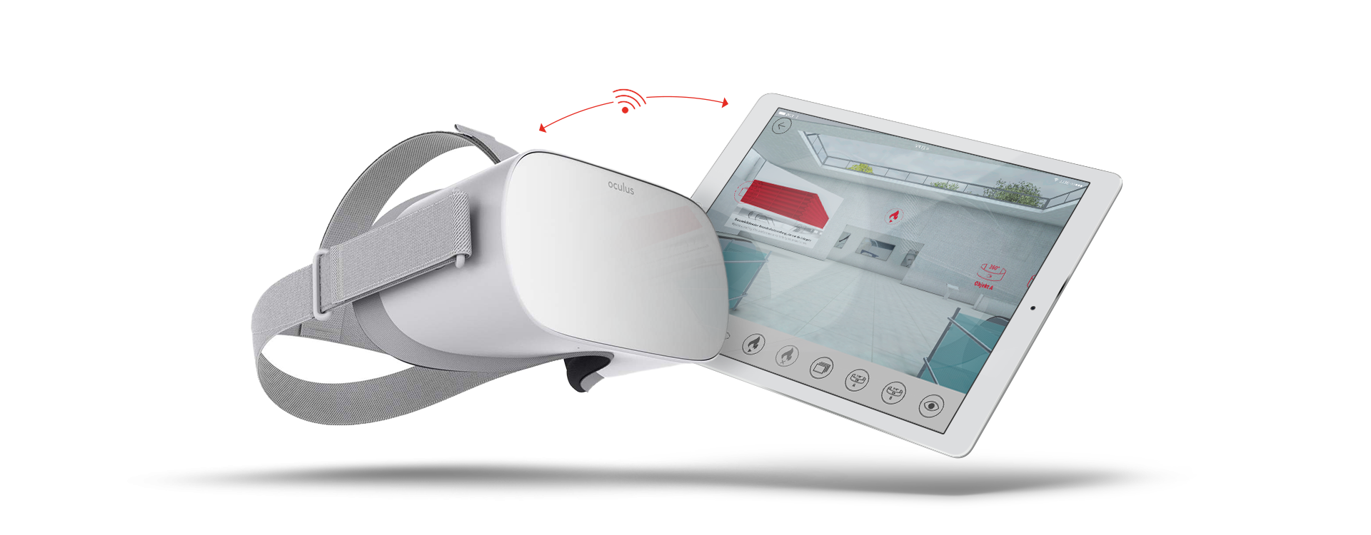Oculus Go Brille kabellos mit Tablet verbunden, auf dem eine digitale Halle angezeigt wird.