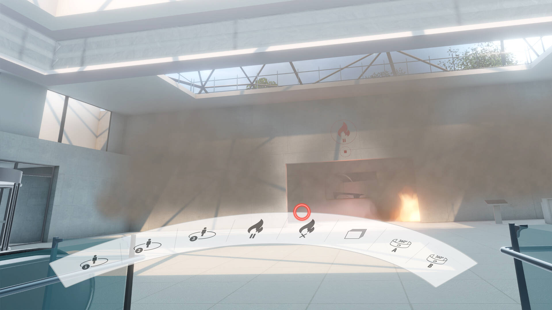 Virtuelle Benutzeroberfläche zeigt Flammenausbruch mit Steuericons im Vordergrund.