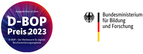 Grafik mit dem Text: 'Ausgezeichnet mit dem D-BOP Preis 2023 - Der Wettbewerb für digitale Berufsorientierungsangebote'. Daneben das Logo des Bundesministeriums für Bildung und Forschung.