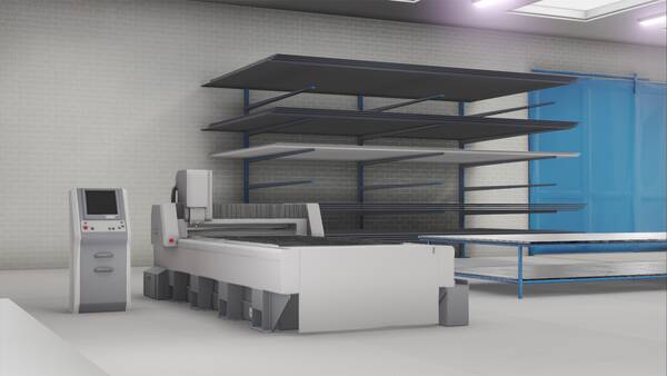 Flachbett-Schneidemaschine mit schwarzem Materiallager in technischer Schulumgebung.