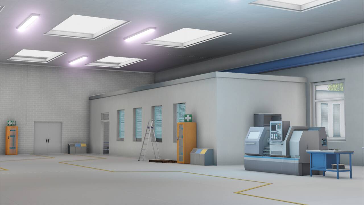 Weitwinkelaufnahme einer Werkhalle mit CNC-Maschine, Leiter, Erste-Hilfe-Schrank und Werkbänken.