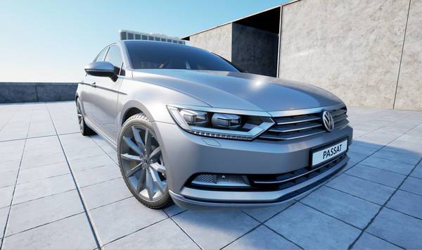 Nahaufnahme der Fahrzeugfront mit VW-Logo und sichtbarem Nummernschild „PASSAT“.