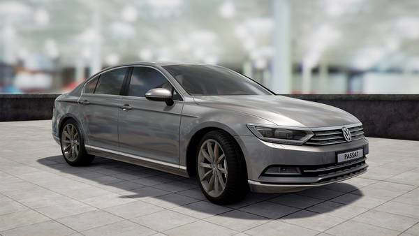 Gleicher Wagen auf identischem Boden, jedoch vor einem unscharfen, lichtdurchfluteten Innenraum.