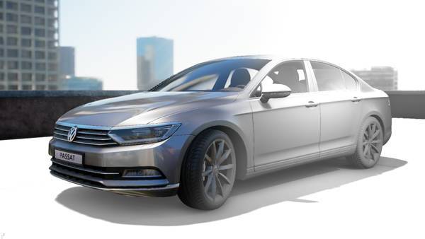 Teilweise texturiertes 3D-Modell des VW Passat auf Dachfläche vor Stadtpanorama.