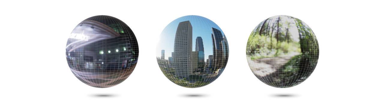 Kugeln zeigen verschiedene HDRI-Umgebungen – urban bei Nacht, Stadt bei Tag, Waldweg.