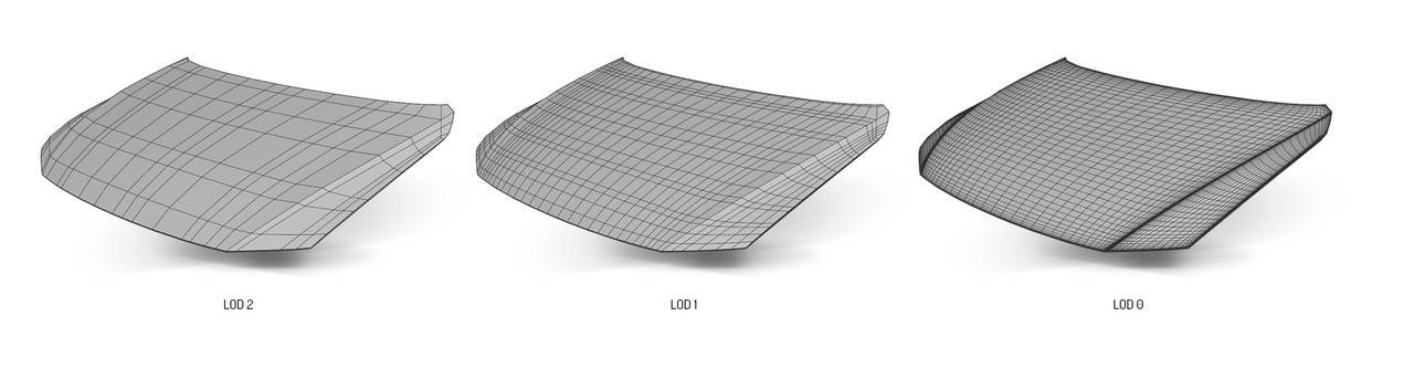 Drei Darstellungen einer Motorhaube mit unterschiedlicher Polygonauflösung (LOD 2–0).