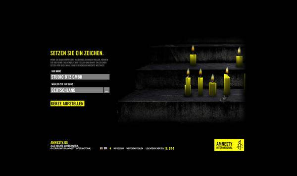 Screenshot einer Webseite: Ein Formular erlaubt es, einen Namen und ein Land einzutragen und dann eine virtuelle Kerze aufzustellen.