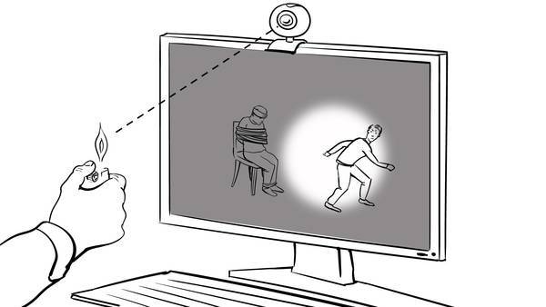 Skizze: Eine Hand hält ein Feuerzeug mit einer Flamme vor einen Computermonitor mit Webcam. Auf dem Bildschirm ist eine Szene eines Verbrechens zu sehen, die bis auf einen einzelnen Lichtkegel im Dunkeln liegt.