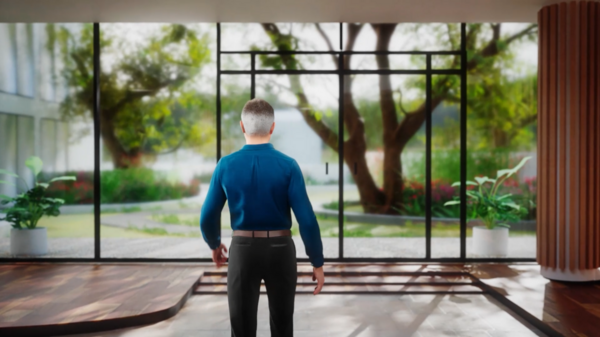 Animierte Figur eines Mannes von hinten, stehend in einem modernen Eingangsbereich mit großen Glasfenstern und Blick in einen begrünten Innenhof.