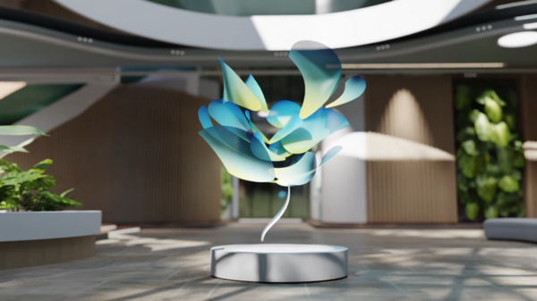 Abstrakte, farbenfrohe Skulptur mit organischen Formen in einem lichtdurchfluteten, futuristisch gestalteten Atrium.