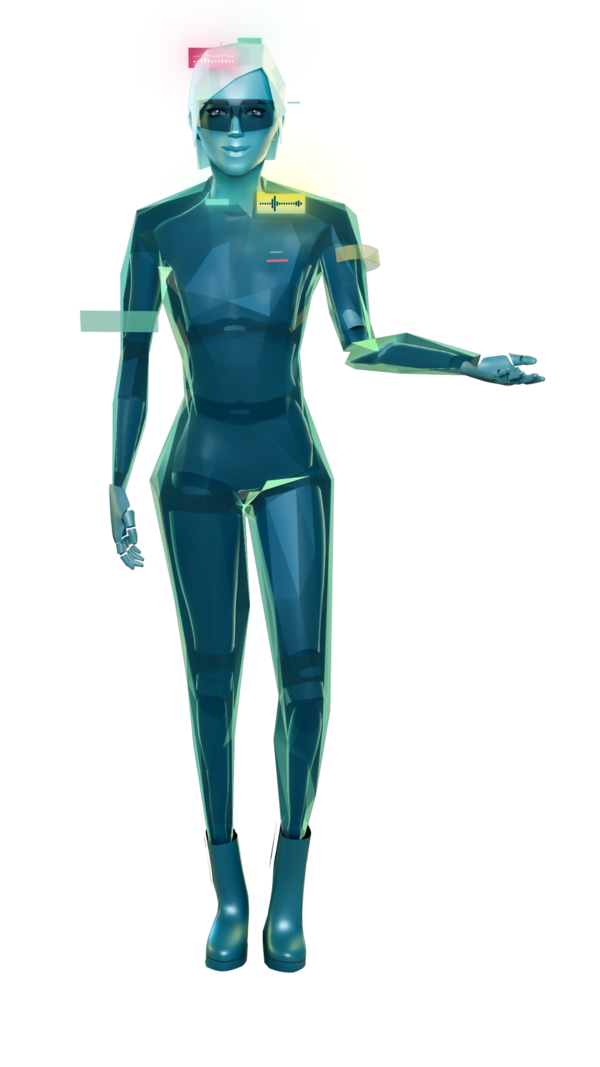 Digitale, transparente humanoide Figur mit futuristischen, leuchtenden Interface-Elementen, hebt einladend die rechte Hand.