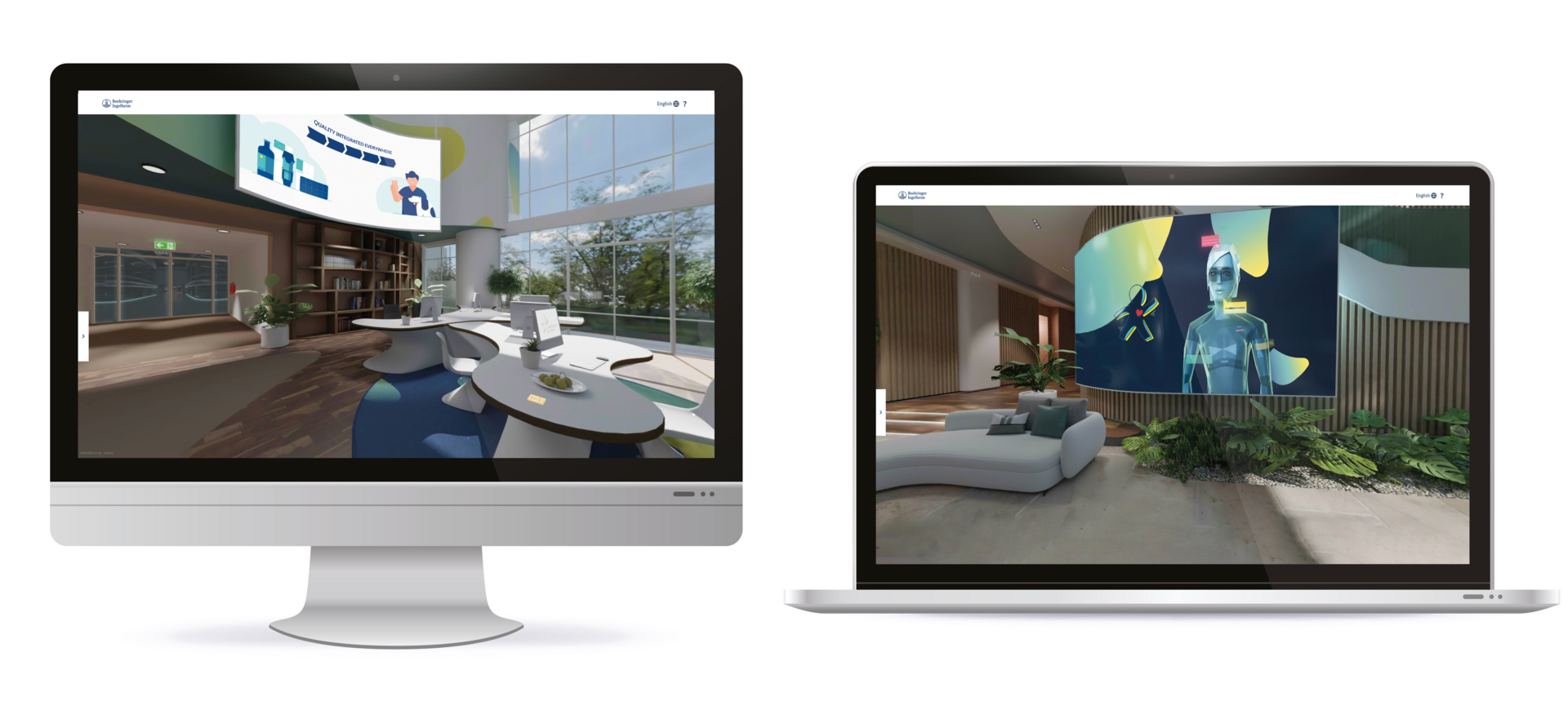 Zwei Bildschirme auf iMac und Laptop zeigen virtuelle Büro- und Empfangsräume mit animierten Avataren und stilisierten Benutzeroberflächen.