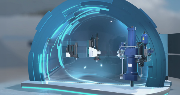 3D-Visualisierung eines futuritischen Torbogens mit mehreren montierten Hydraulikkomponenten, akzentuiert durch Leuchtelemente.