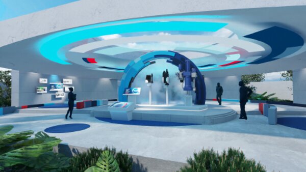 Digitale Darstellung eines Showrooms mit kreisförmiger Inszenierung, Ausstellungsstücken und Besuchersilhouetten in moderner Architektur.