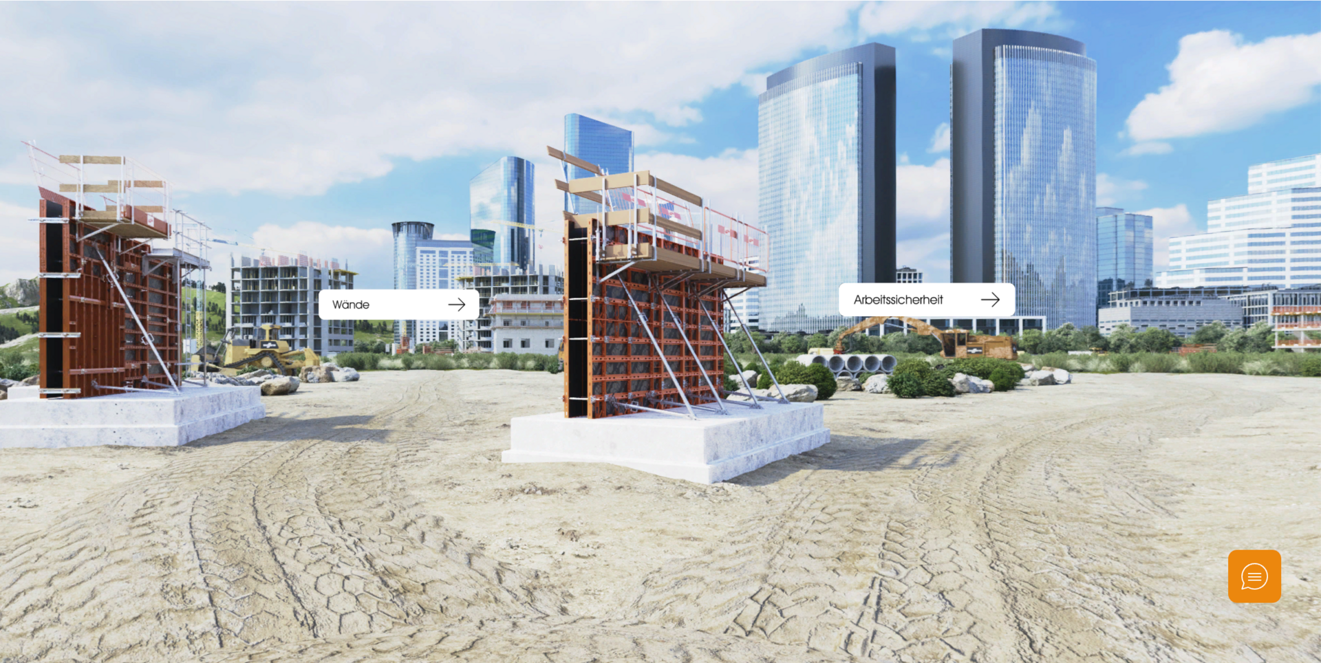 Virtuelle Baustellenszene mit zwei Wandverschalungen im Vordergrund. Auf den Bauteilen sind interaktive Schaltflächen mit den Begriffen „Wände“ und „Arbeitssicherheit“ sichtbar. Im Hintergrund moderne Hochhäuser.