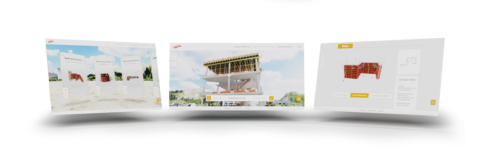Darstellung von drei Ansichten unserer Anwendung für Paschal. Links Auswahl verschiedener Schalungssysteme, in der Mitte ein Bauprojekt mit interaktiven Kategorien, rechts ein 3D-Design einer Wandverschalung.