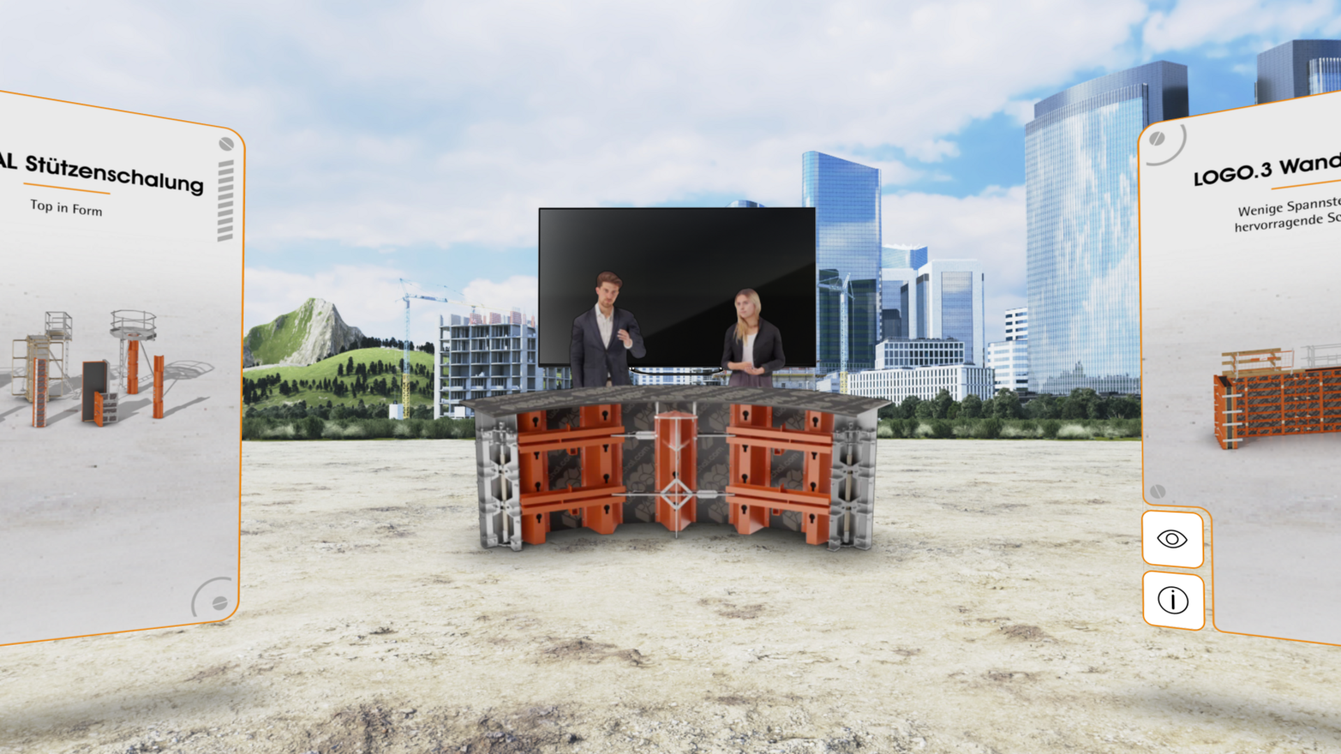 Eine Frau und ein Mann stehen hinter einem halbkreisförmig aufgebauten Schalungselement, im Hintergrund eine virtuelle Stadt mit modernen Gebäuden. Links und rechts Produktinformationen zu Schalungssystemen.