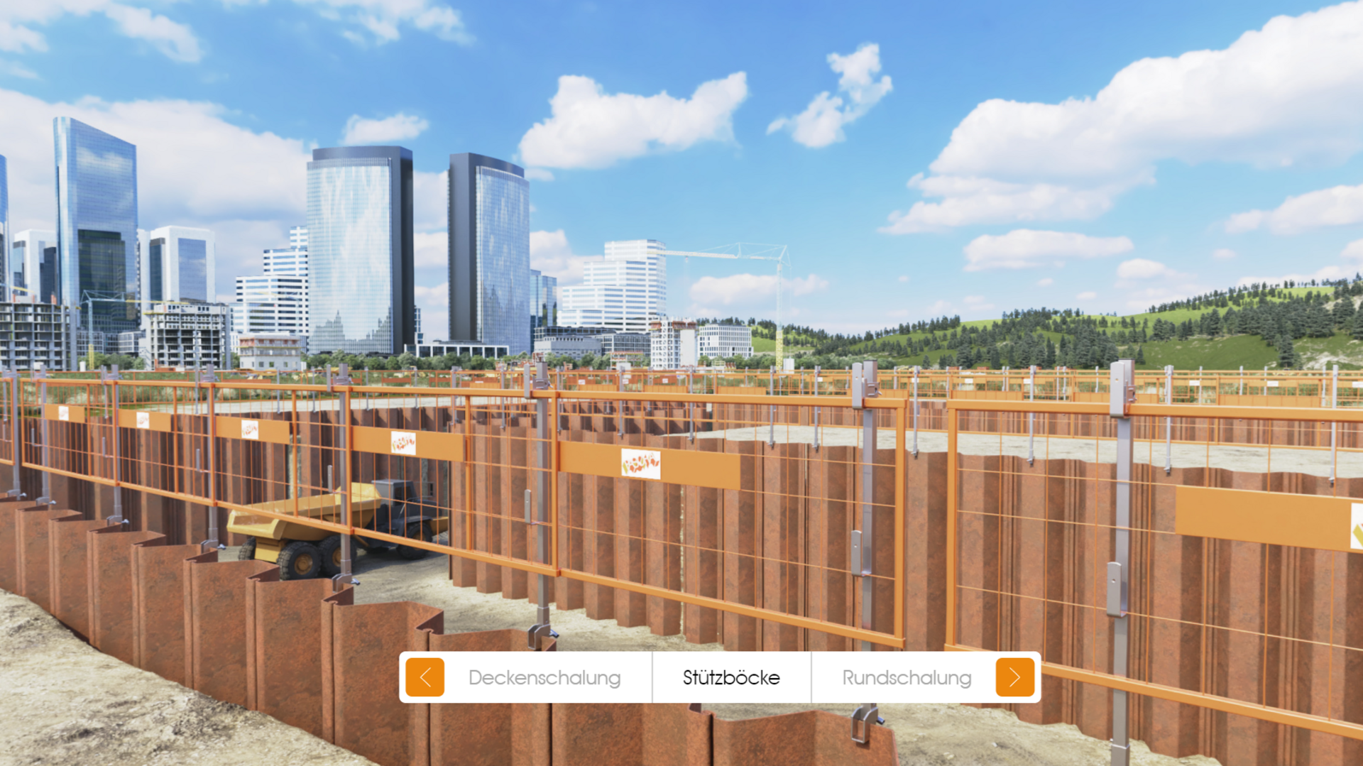 Große Baustelle mit eingesetzten Spundwänden und einem Kipplaster in der Baugrube. Im Vordergrund Absturzsicherung mit orangefarbener Schutzwand und Navigation zu „Deckenschalung“, „Stützböcke“ und „Rundschalung“.