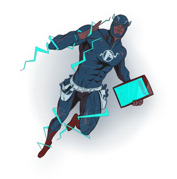 Superheld in blauem Anzug mit Blitzsymbolen, der ein Tablet mit dem Schriftzug „PRALLE“ trägt.