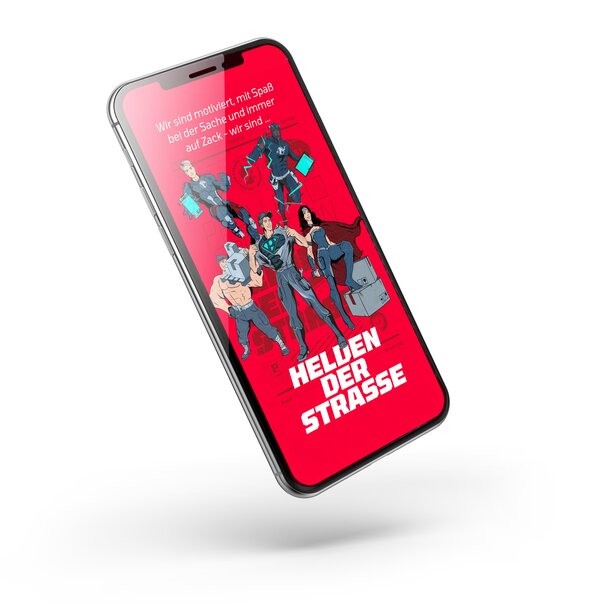 Smartphone mit rotem Bildschirm zeigt die „Helden der Straße“-Kampagne samt Comicfiguren und Claim.