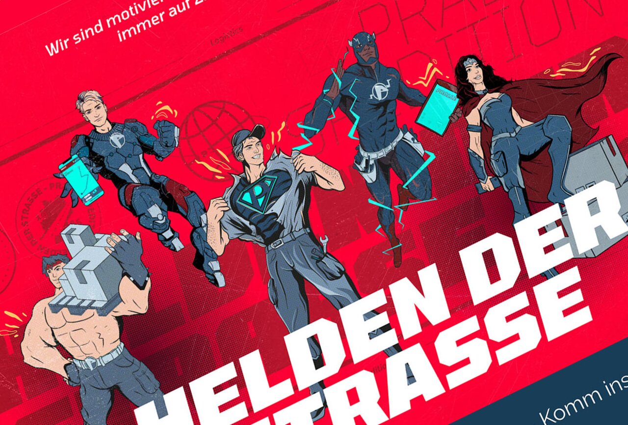 Gruppe von fünf Comic-Superhelden auf rotem Hintergrund, darunter starke, agile und moderne Figuren mit Accessoires wie Tablet oder Paket.