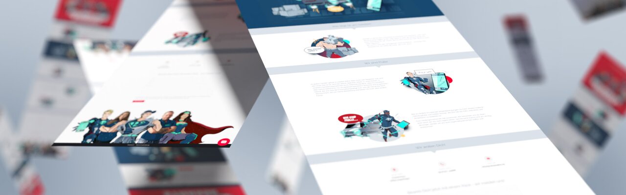 Webseitendesign mit Fokus auf Comic-Figuren und Storytelling – gezeigt in schräg perspektivischer Darstellung.