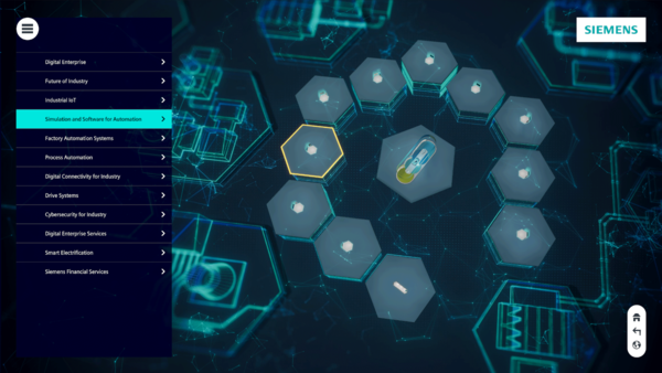 Interaktives Menü zur Themenauswahl. Daneben sind die Themenräume hexagonal angeordnet.