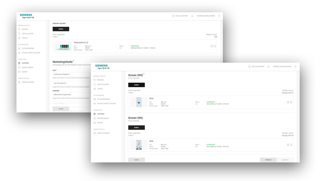 Zwei weiße CMS-Interfaces mit Auswahlfeldern für Messetyp, Marketinginhalte und Bildschirmverwaltung, inklusive Metadaten wie Veröffentlichungszeitpunkt und unterstützte Dateiformate.