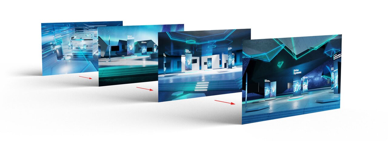 Collage aus vier gestaffelten Screenshots einer digitalen Ausstellung von Siemens. Rote Pfeile zeigen die Entwicklungsschritte von früheren zu neueren Versionen.