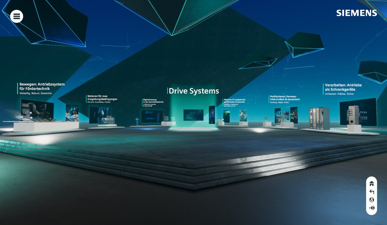 Virtueller, futuristisch gestalteter Showroom von Siemens mit leuchtenden Exponaten zu Antriebssystemen. Beschriftungen zu verschiedenen Themen wie „Fördertechnik“, „explosionsgefährdete Einsatzorte“ und „Schrankgeräte“. Zentrale Überschrift: „Drive Systems“.