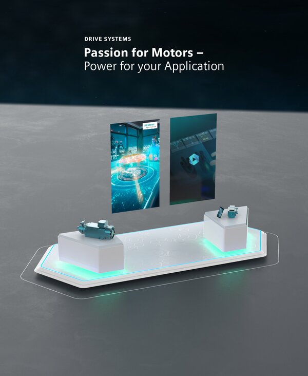 Virtueller Präsentationstisch mit zwei Motorenmodellen unter blauem Licht. Dahinter zwei Screens mit Visualisierungen zum Thema „Passion for Motors – Power for your Application“.