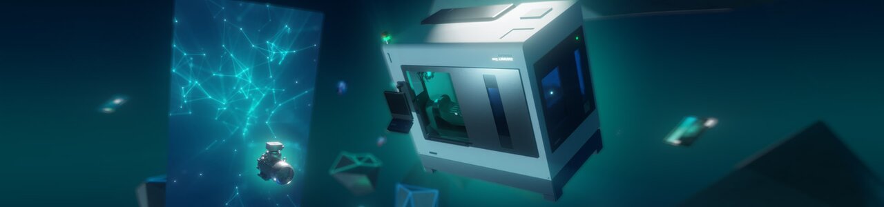 Schwebende Werkzeugmaschine im digitalen Datenraum mit Netzwerkvisualisierung.