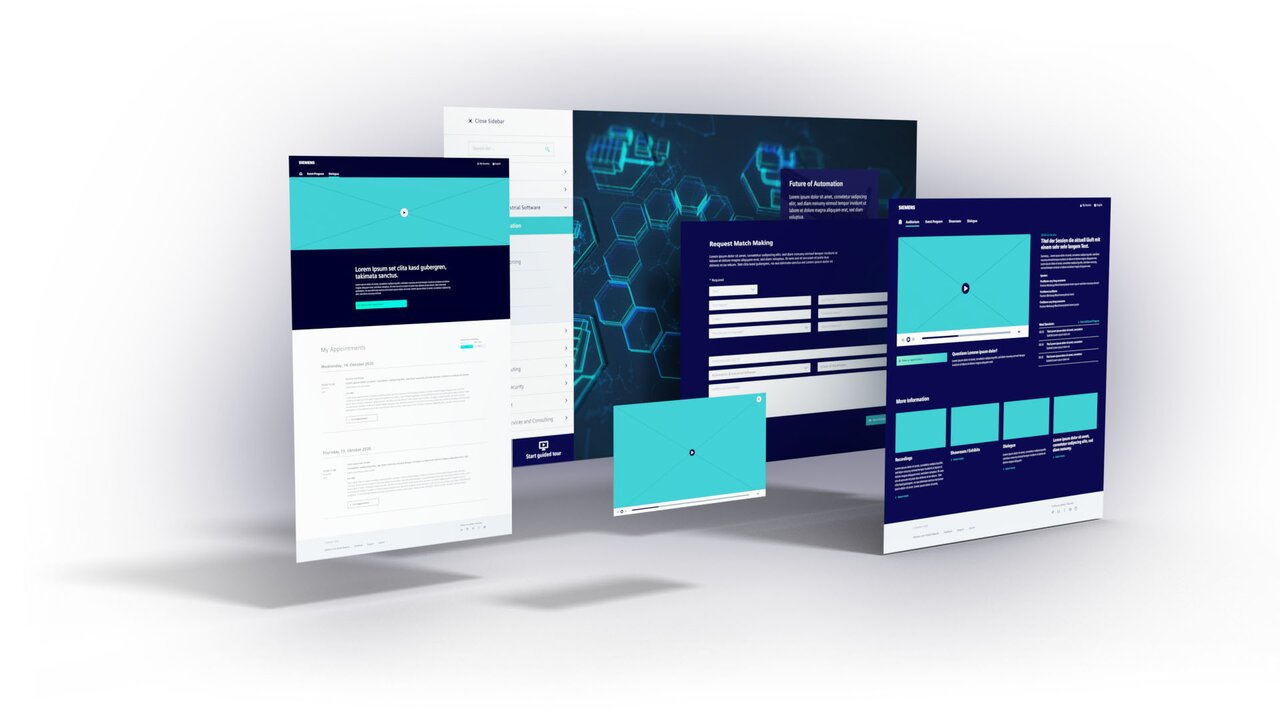 Freigestellte 3D-Präsentation verschiedener Oberflächen des Siemens-Messeplayers vor einem abstrakten digitalen Hintergrund.
