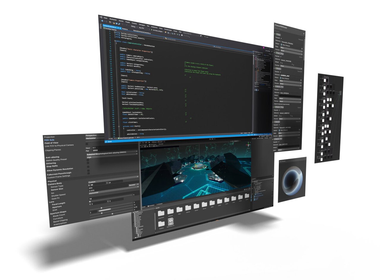 Unity- und Code-Editoren zeigen Entwicklung einer interaktiven 3D-Anwendung.