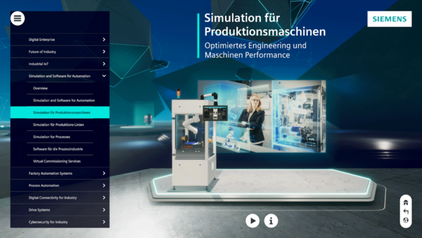 Virtuelle Maschine mit digitalem Zwilling und Infotext zur Produktionssimulation.