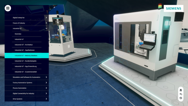Darstellung von zwei Industrieanlagen im virtuellen Raum. Links daneben ein Navigationsmenü.