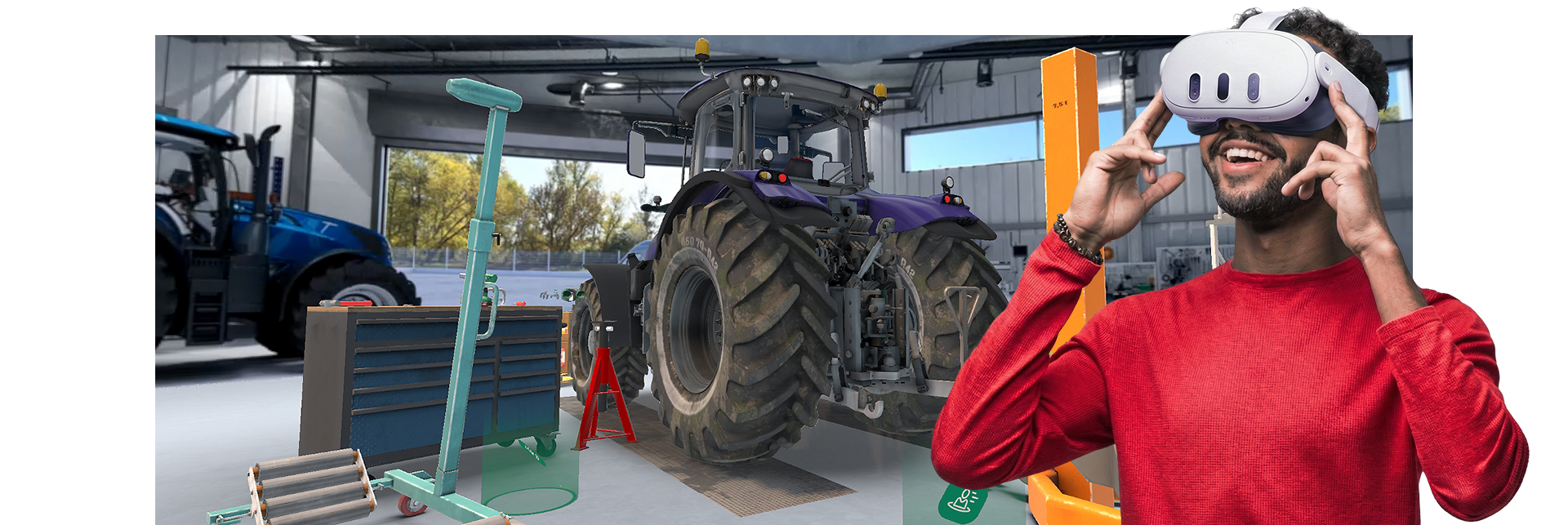 Nutzer mit VR-Brille, im Hintergrund virtuelle Arbeitswelt mit Traktor