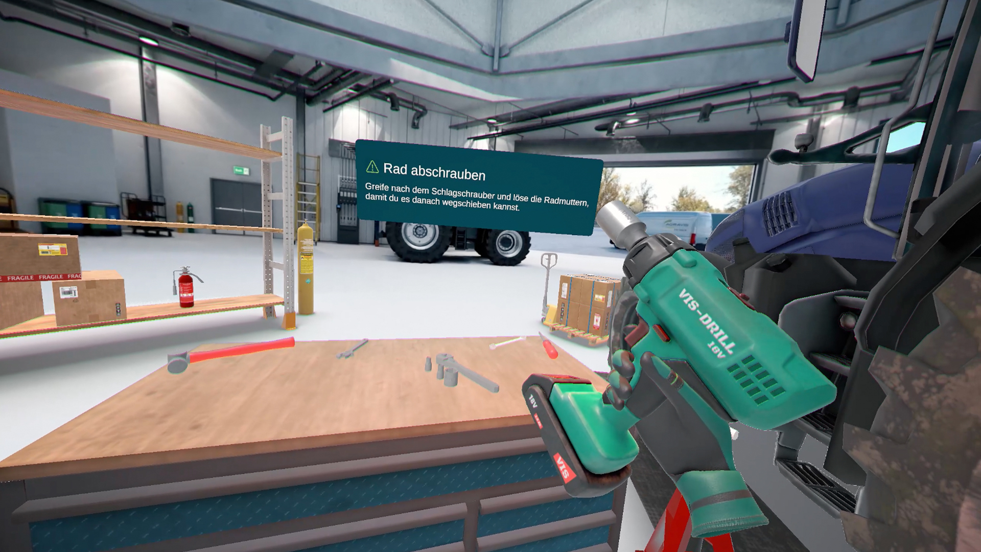 Arbeitsschritt in VR-Lernwelt mit Schlagschrauber und Overlay